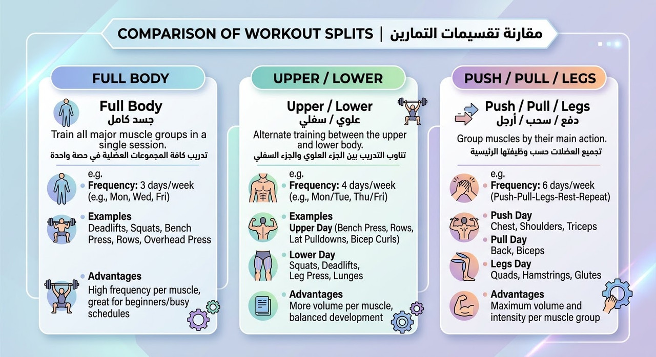 Comparison chart of full body, upper lower, and push pull legs workout splits for a custom workout plan