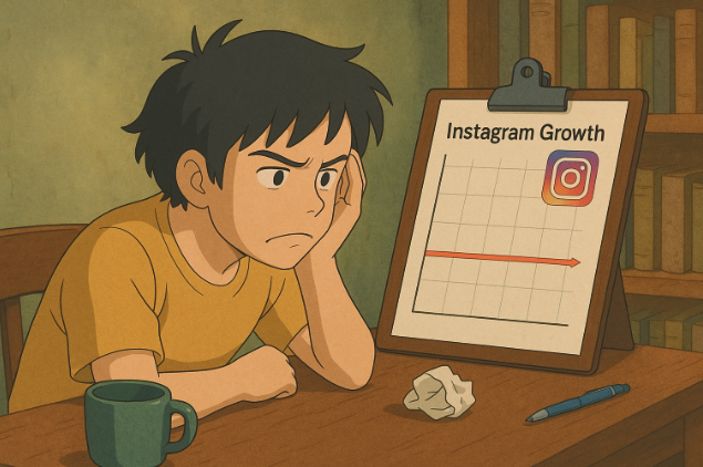 Frustrated person looking at a stagnant Instagram growth chart.