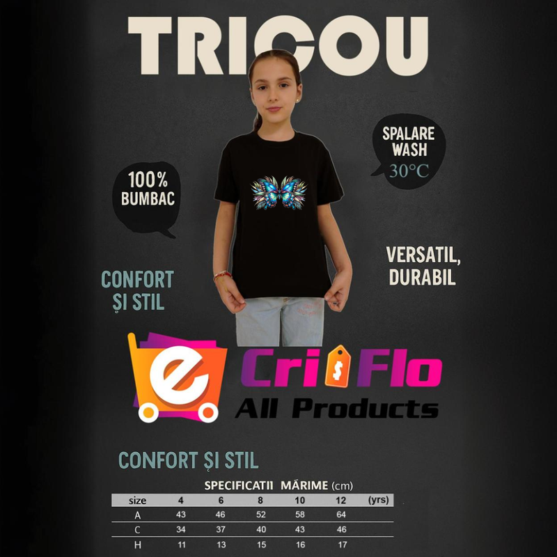 Tricou Fluture turcoaz si portocaliu in compozitie florala vibranta, Copii, 100% bumbac, Cri-Flo, Culoare Negru, Marime 7-8 ani, 134 CM