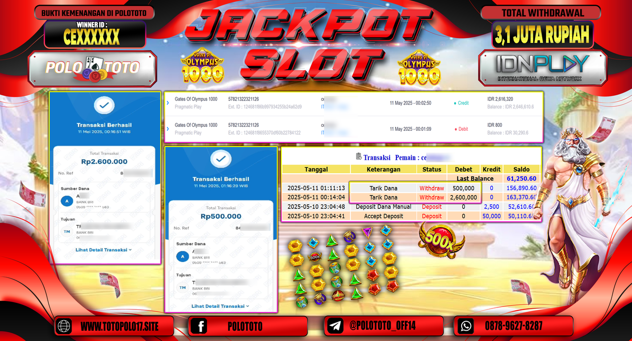 POLOTOTO JACKPOT SLOT GATES OF OLYMPUS 1000 Rp.3.100.000,-