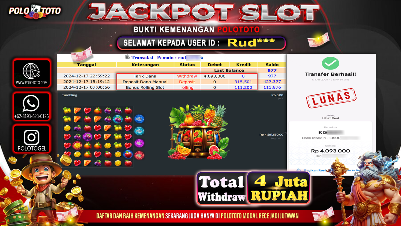 POLOTOTO JACKPOT SLOT FRUITY TREATS Rp.4,093.000,-