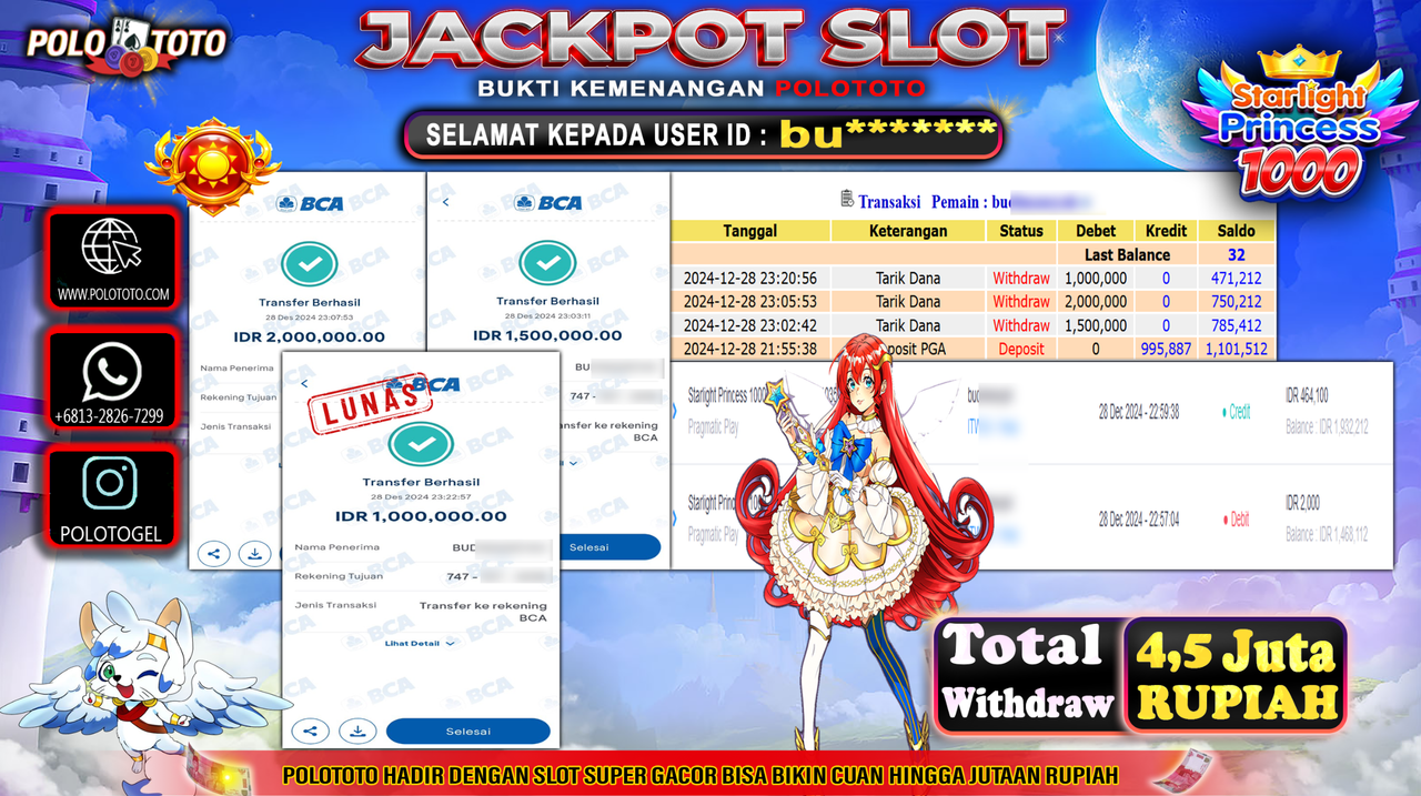 POLOTOTO JACKPOT SLOT STARLIGHT PRINCESS 1000 Rp.4,500.000,-