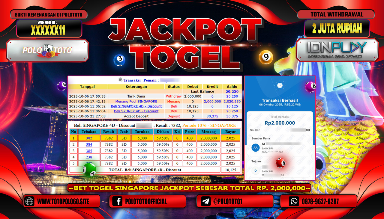 POLOTOTO JACKPOT TOGEL POOL SINGAPORE Rp.2.000.000,- LUNAS