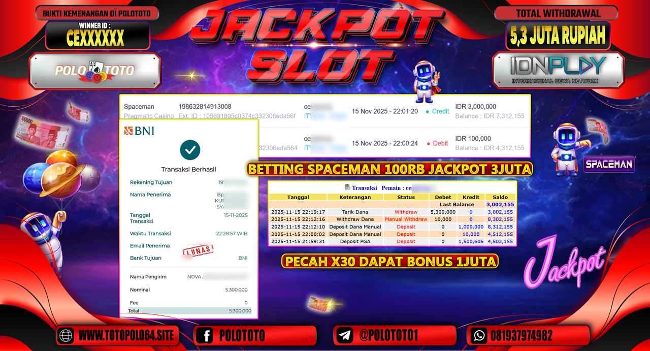 POLOTOTO JACKPOT SLOT SPACEMAN Rp.5.300.000,- LUNAS