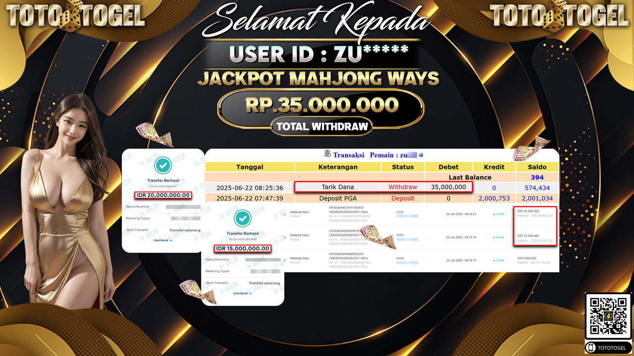Bukti Pembayaran Jackpot Permainan Slot Mahjong Ways ID:ZU***** LUNAS