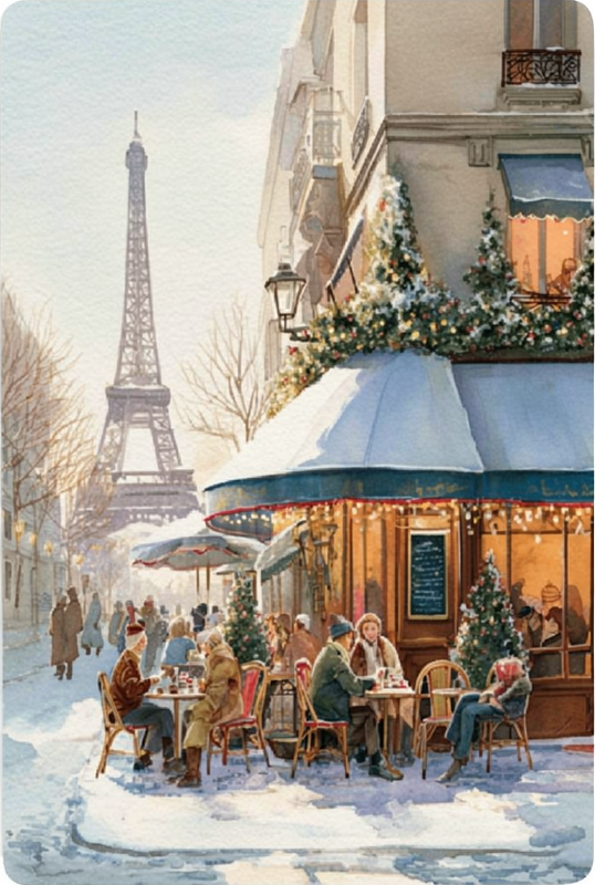 Cozy Paris Cafe Scene Metal Poster Sign 6x8 Inch Retro Aluminum Sign Bright Christmas Market Calming
