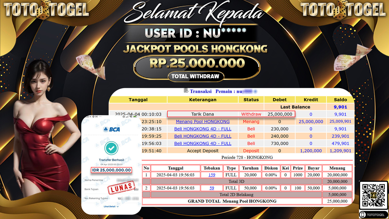 Bukti Pembayaran Jackpot  Permainan Togel Pools Hongkong ID:NU***** LUNAS