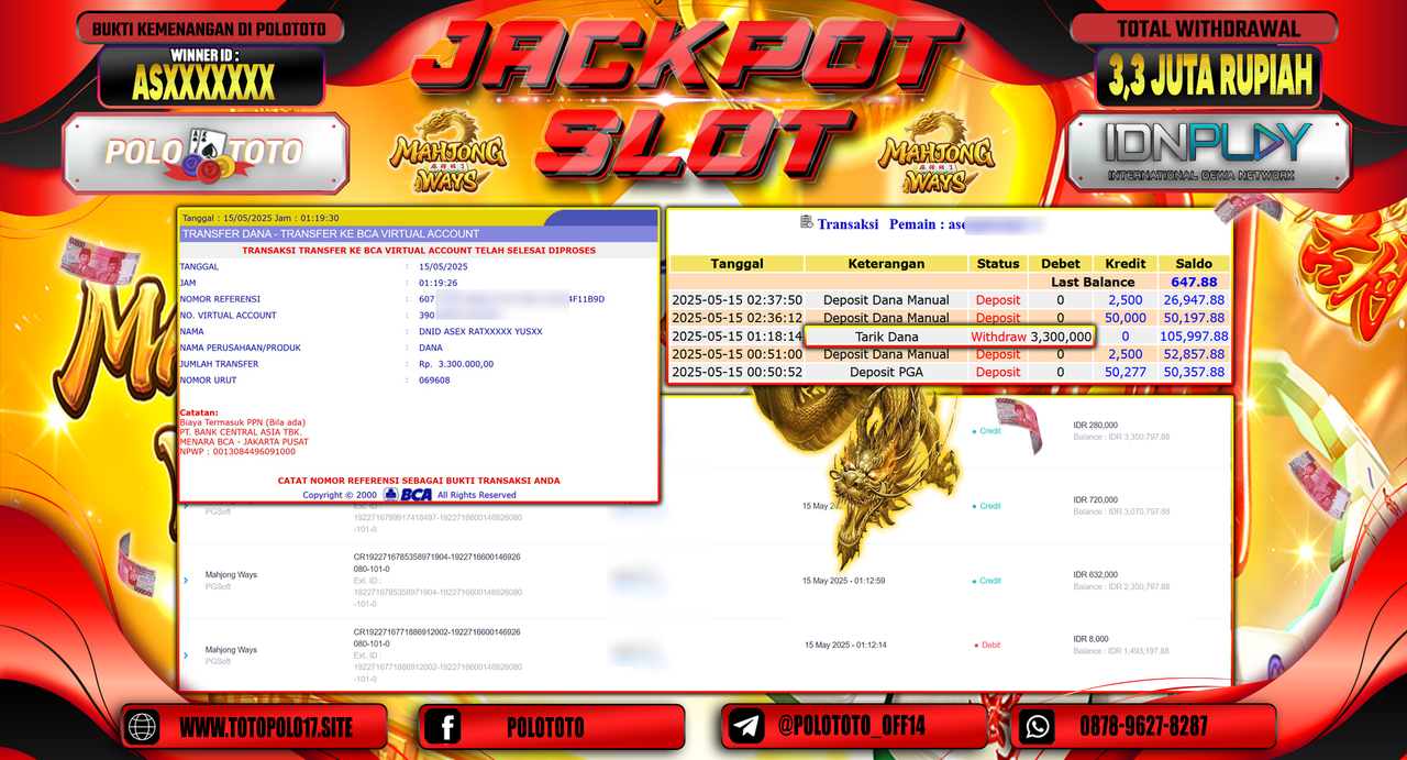 POLOTOTO JACKPOT SLOT MAHJONG WAYS Rp.3.300.000,-