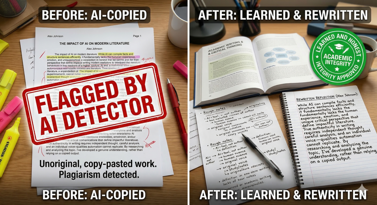 Before and after comparison: left shows AI-copied essay flagged by AI detector in red, right shows hand-written notes and honest rewritten paragraph with green Learned and Honest badge