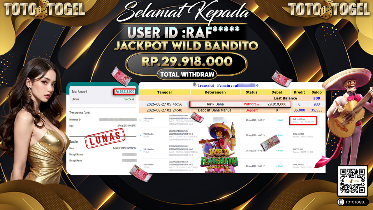 Bukti Pembayaran Jackpot Slot Wild Bandito ID:RAF*****LUNAS