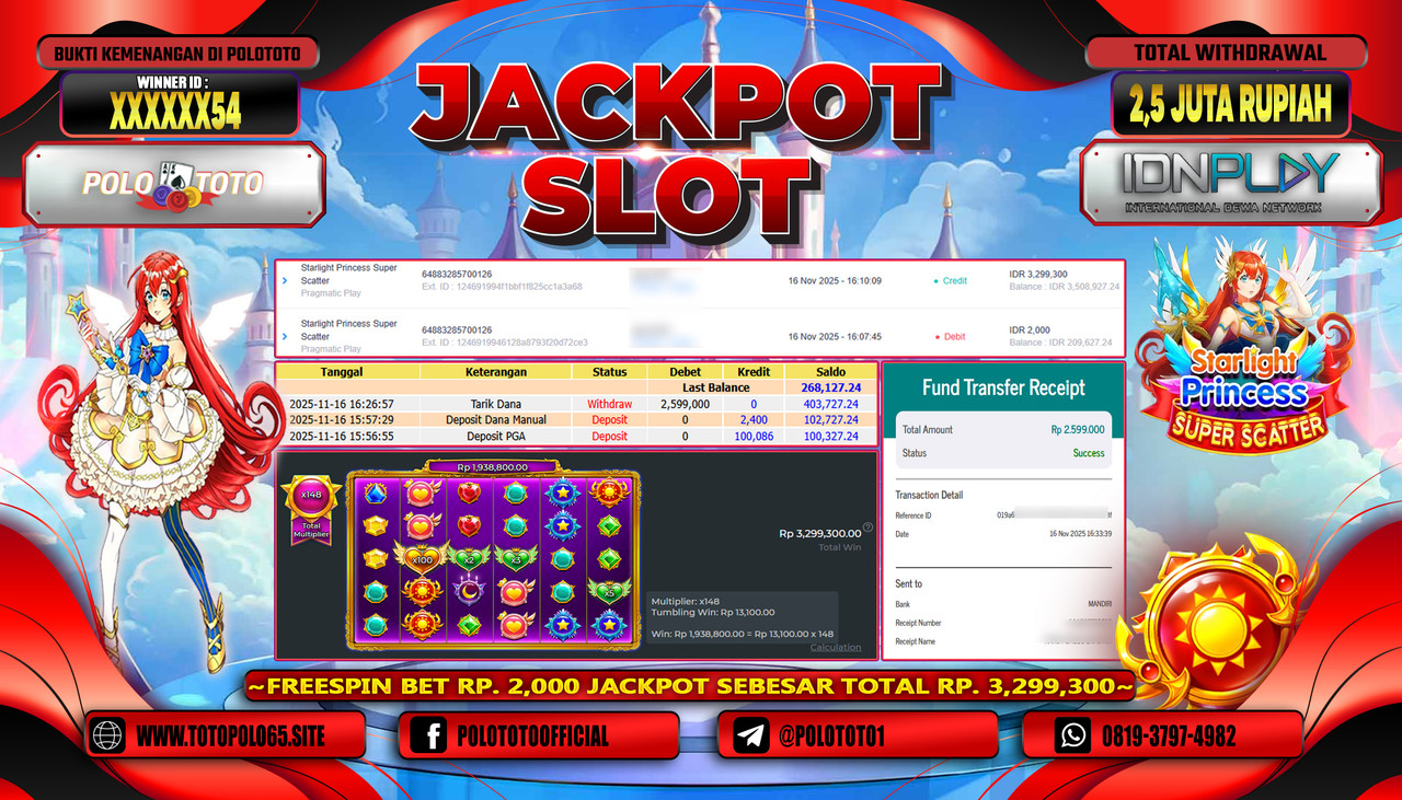 POLOTOTO JACKPOT SLOT STARLIGHT PRINCESS SUPER SCATTER Rp.2.500.000,- LUNAS