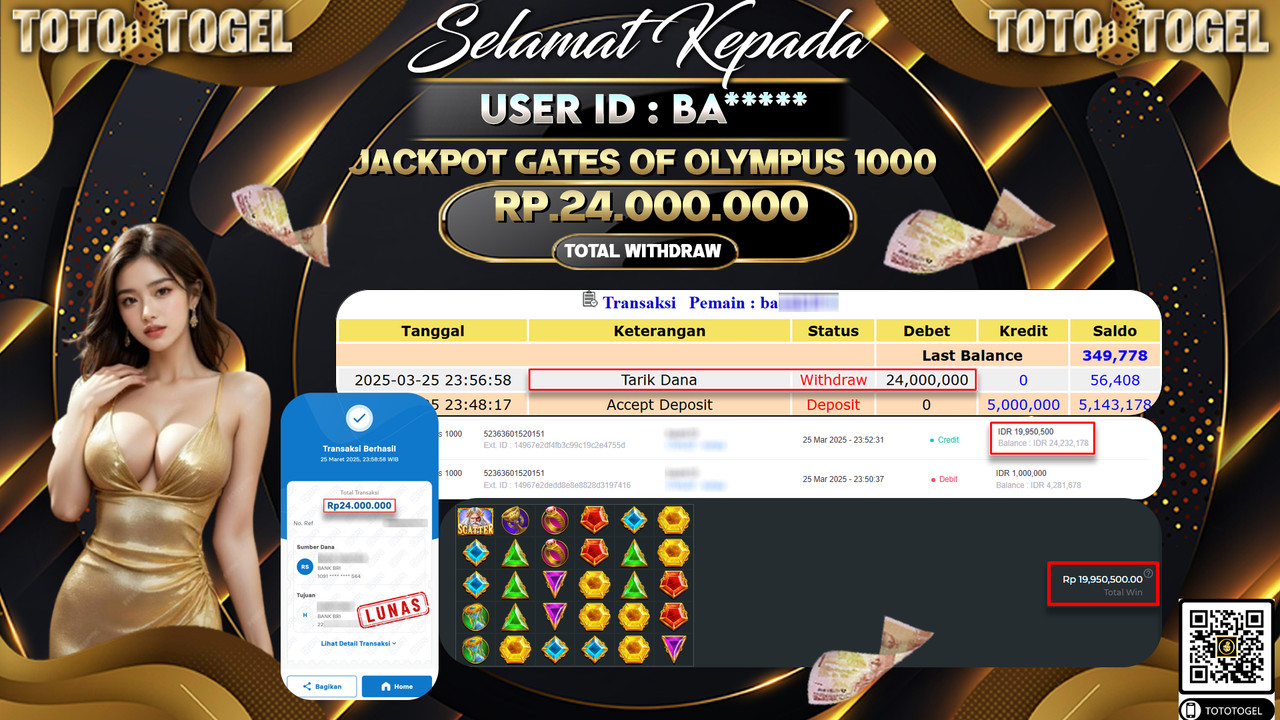 Bukti Pembayaran Jackpot  Permainan Slot Gates Of Olympus 1000 1 ID:BA*** LUNAS