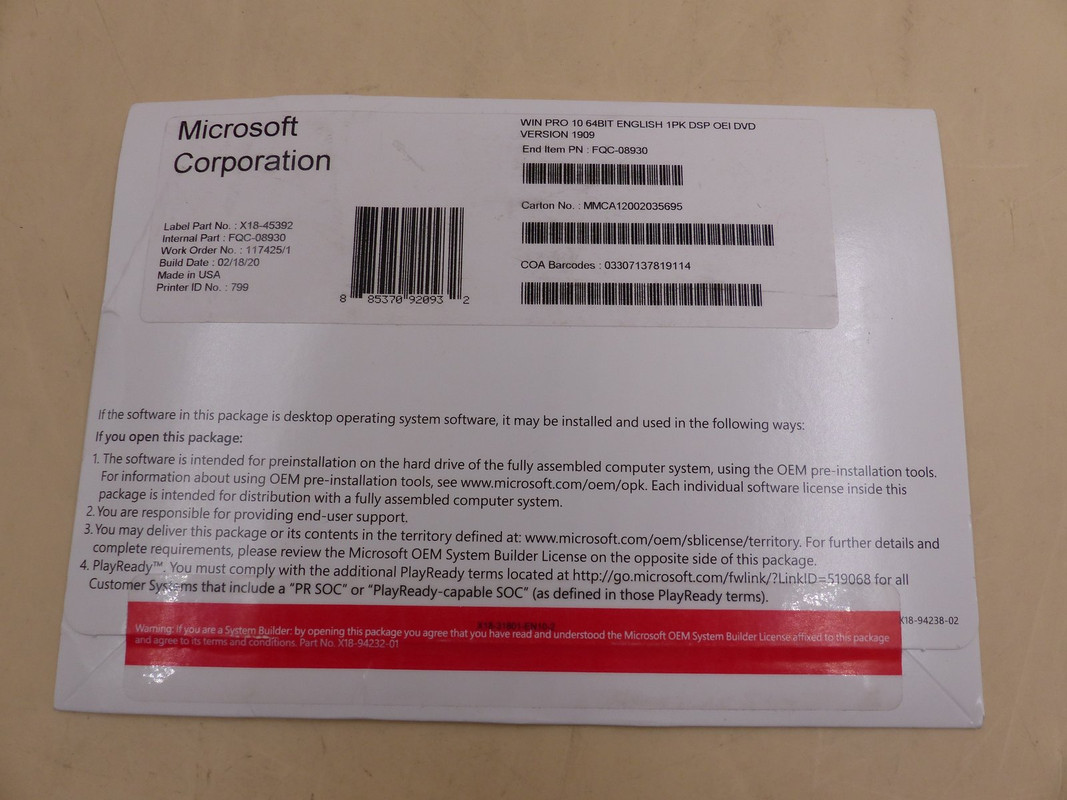 MICROSOFT FQC-08930 WIN 10 PRO OS 64 BIT ENGLISH 1PK DSP OEM DVD VERSION