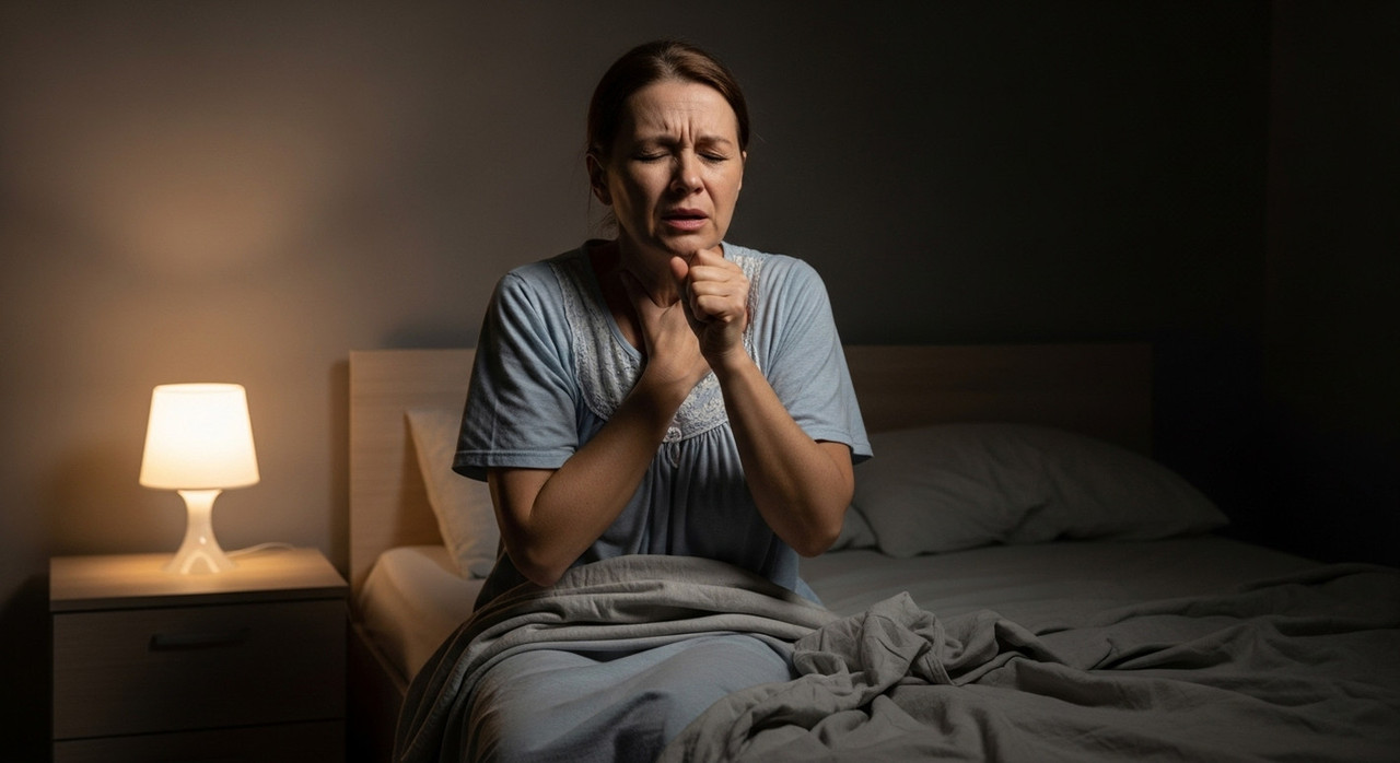 Усталость и дискомфорт женщины из-за кашля.