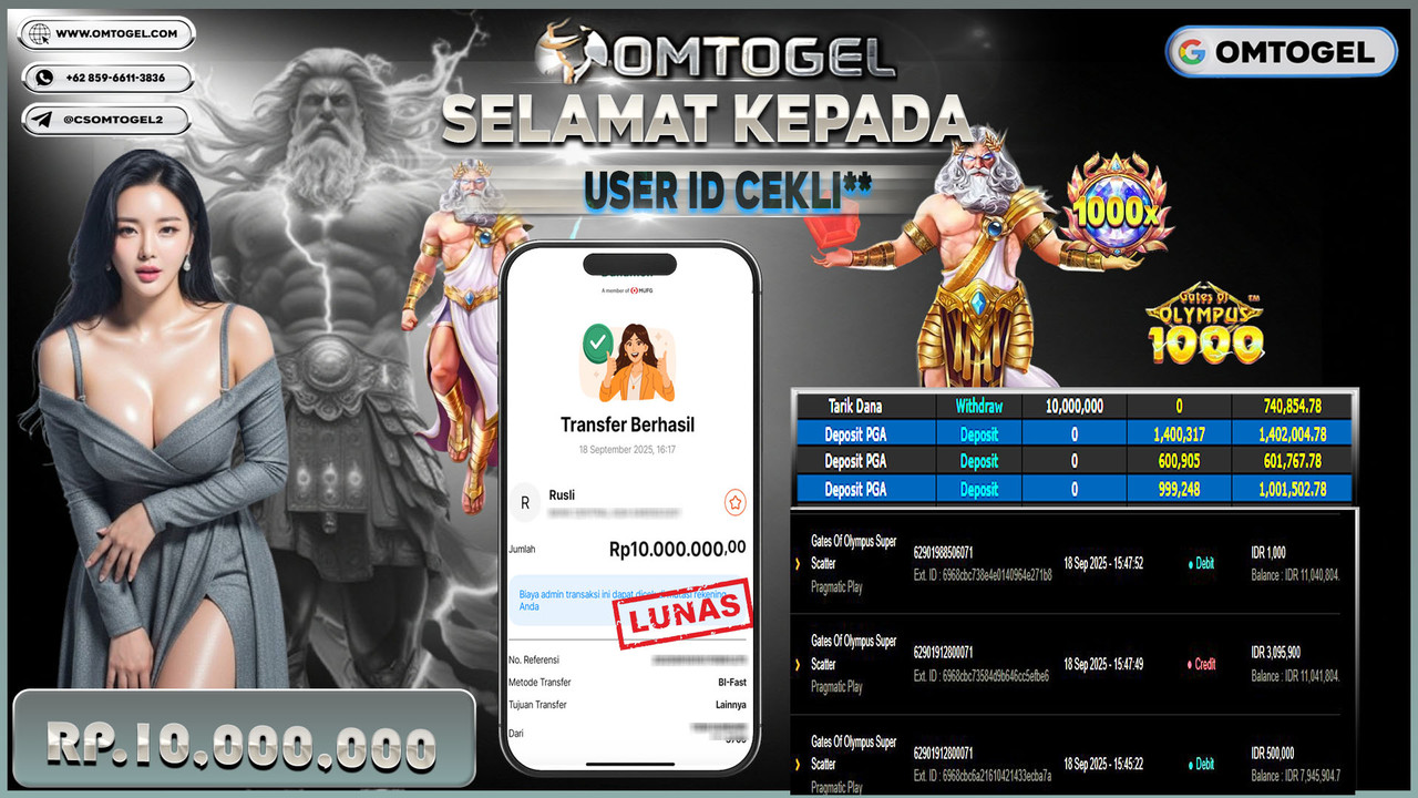 OMTOGEL JACKPOT PRAGMATIC PLAY GATES OF OLYMPUS SUPER SCATTER 10 JUTA DI BAYAR LUNAS ,-