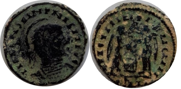 AE3 de cuño bárbaro de Constantino I. VICTORIAE LAETAE PRINC PERP. Imitativa-cont-i