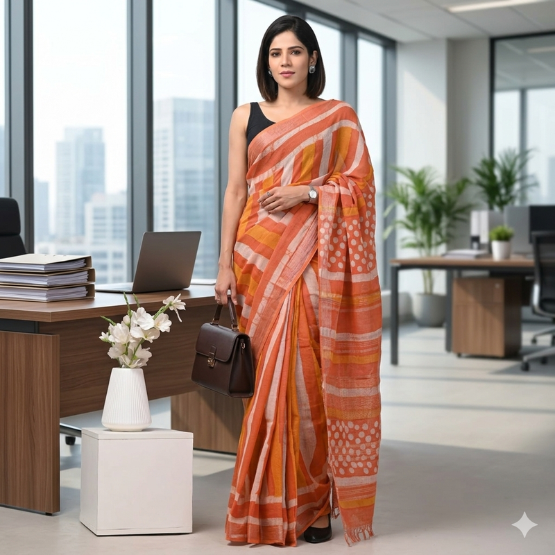 Qyaari Premium Linen Saree for Women | Hand Block Printed | Lightweight & Comfortable | With Blouse