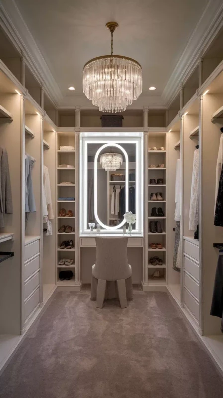 Luxury walk-in closet with chandelier, La Jolla