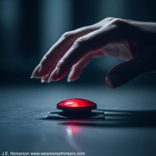 A close-up of a hand hovering over a glowing red button, symbolizing a high-stakes moral decision.