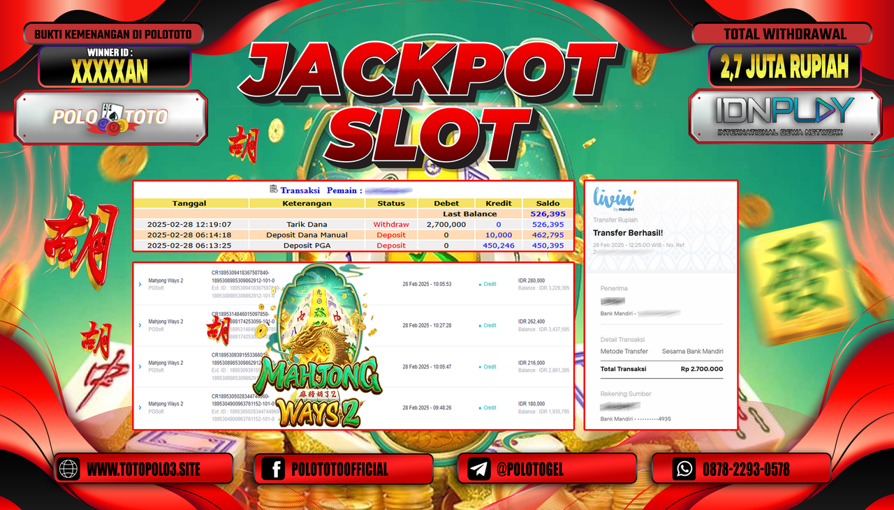 POLOTOTO JACKPOT SLOT MAHJONG WAYS 2 Rp.2.700.000,-