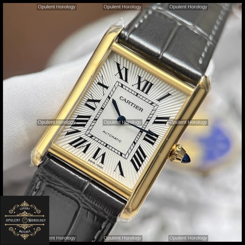 Cartier Tank Louis Automatic 27.8x38.1mm White Dial Gold Plated Gray Leather Strap - Super Clone