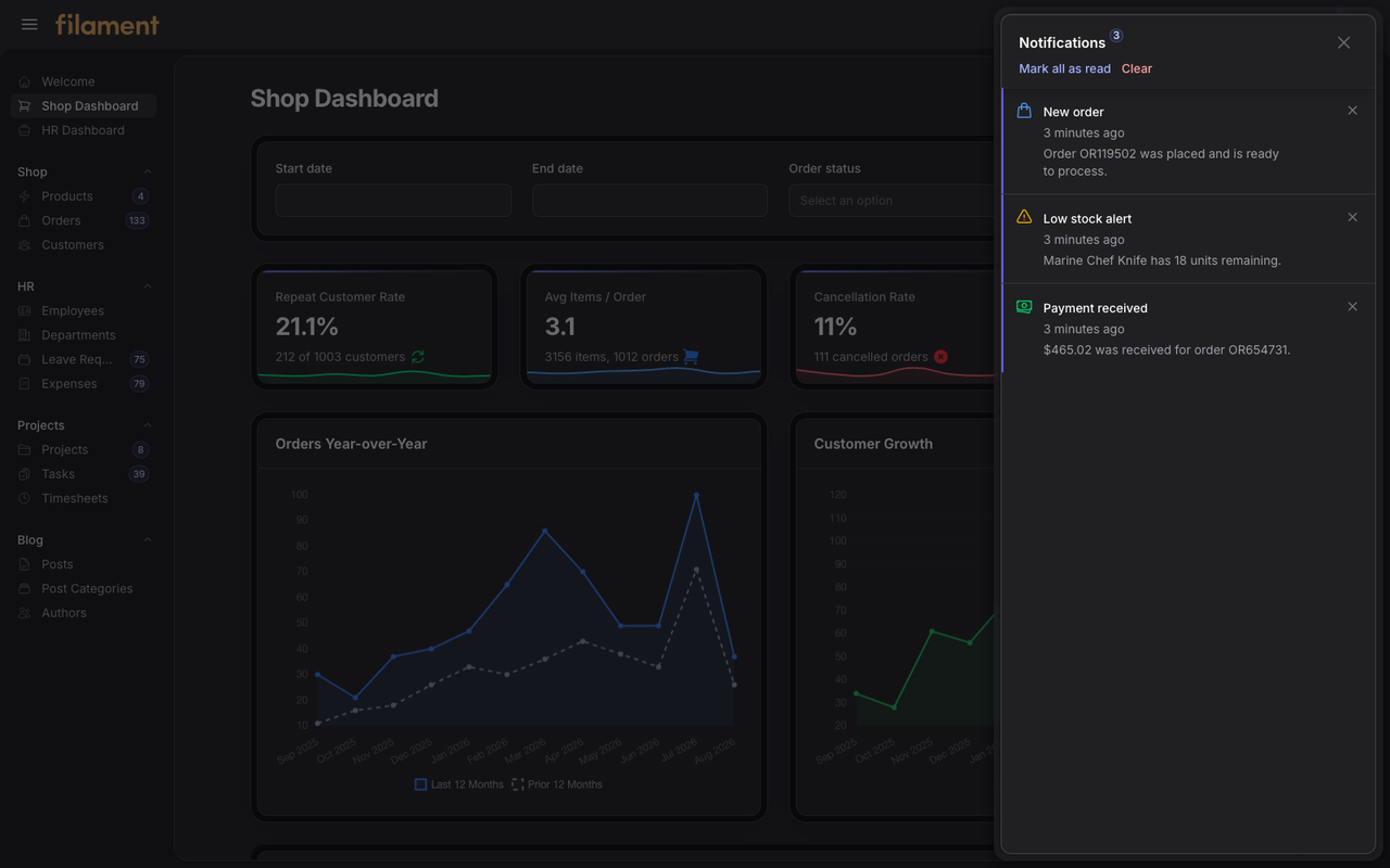 Stature Theme Shop database notification panel in dark mode