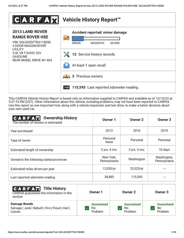 CARFAX Vehicle History Report for this 2013 LAND ROVER RANGE ROVER HSE_ SALGS2DF7DA118056-page-001