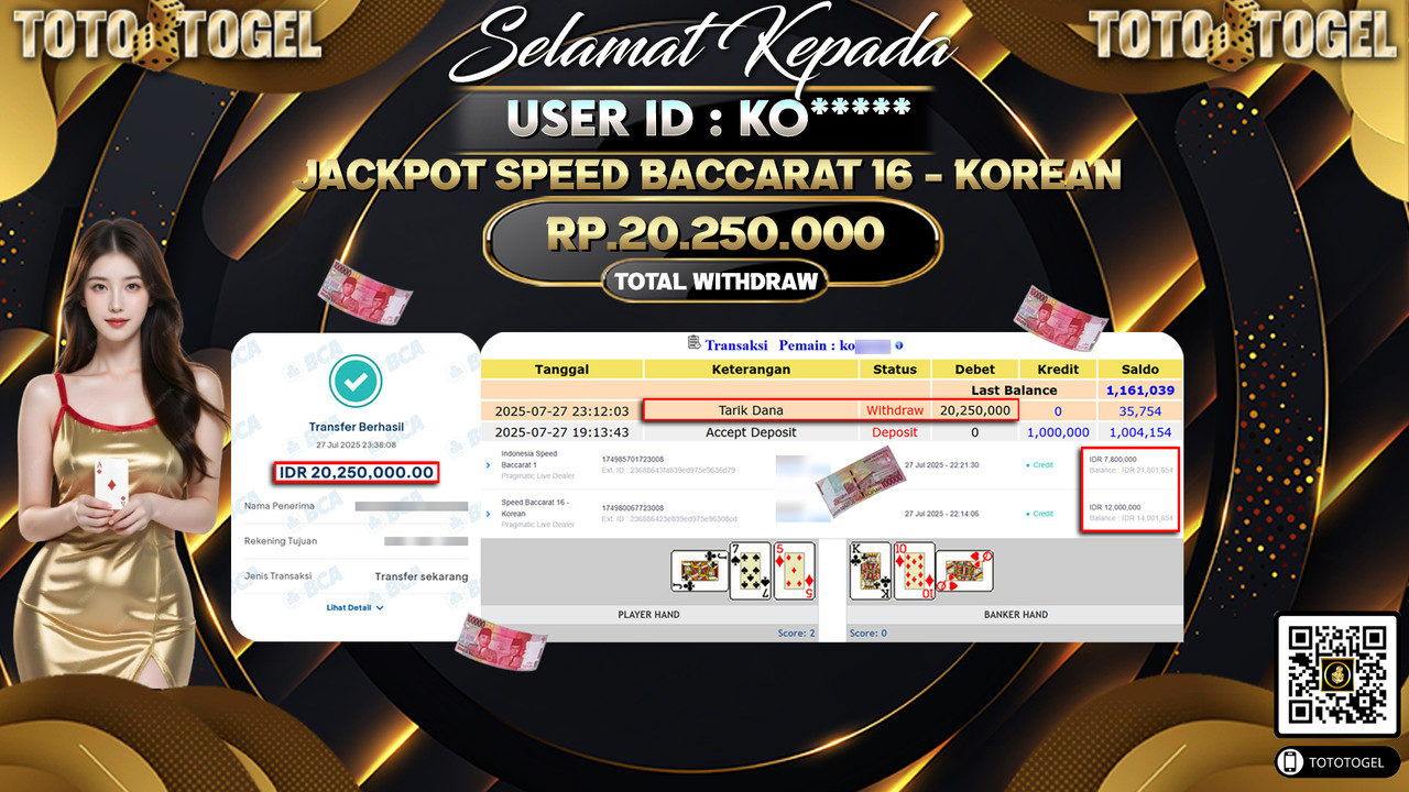 Bukti Pembayaran Jackpot Permainan Live Game Speed Baccarat 16 - Korean ID:KO***** LUNAS