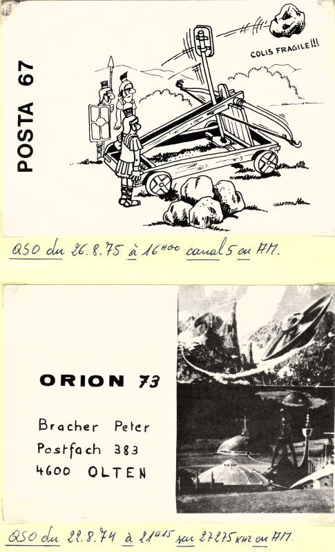 QSLs 27 Mhz de stations Suisses. QSL-POSTA67-CH-08-74-ORION73-CH-08-74