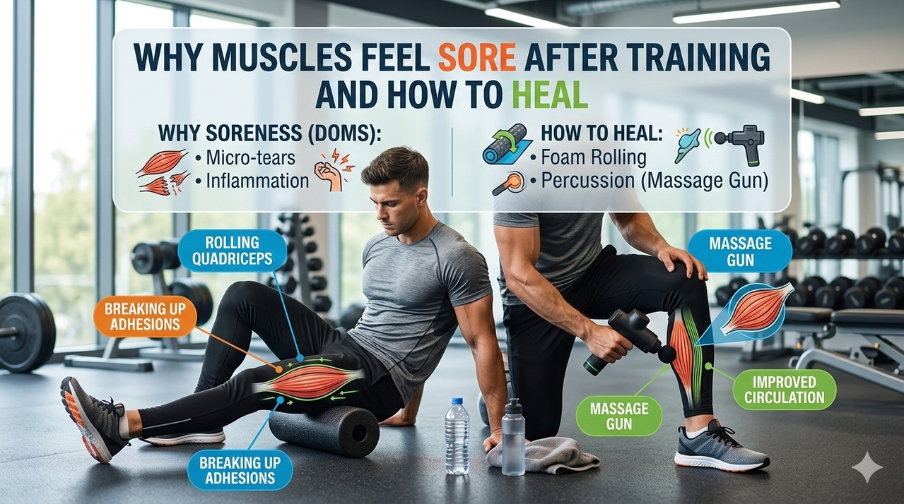 Person using foam roller and massage gun on legs for why muscles feel sore after training and how to heal