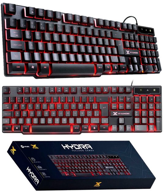 Teclado Gamer VX Gaming Hydra 107 Teclas + 12 Multimídia com Led Vermelho