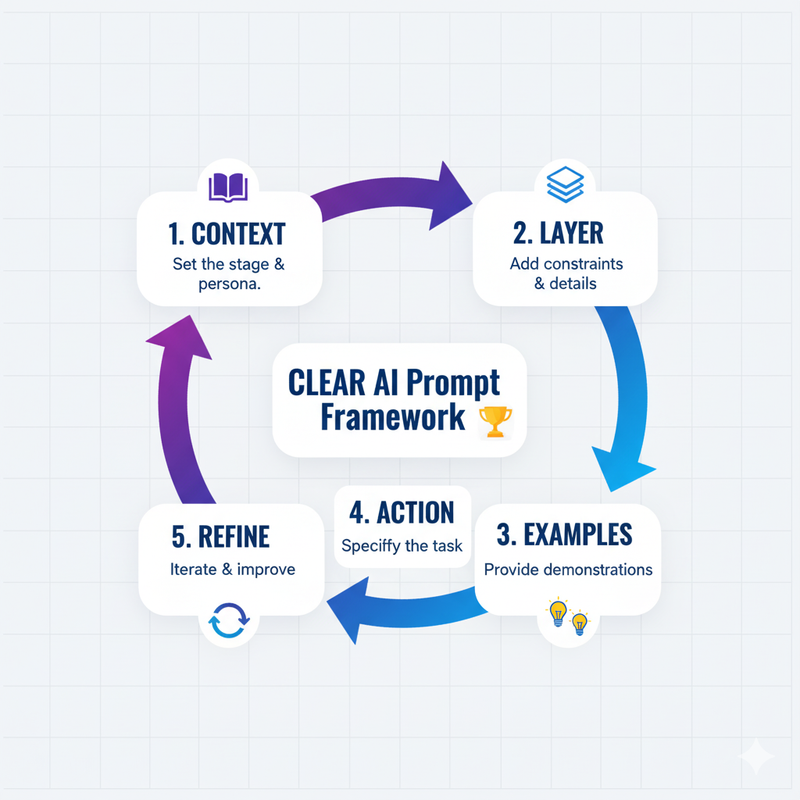 Circular flowchart of CLEAR framework for building AI prompts: context to refine steps