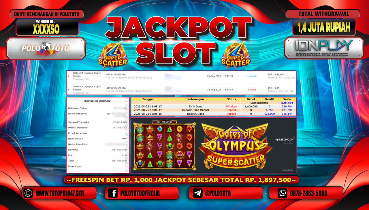 POLOTOTO JACKPOT SLOT GATES OF OLYMPUS SUPER SCATTER Rp.1.400.000,- LUNAS