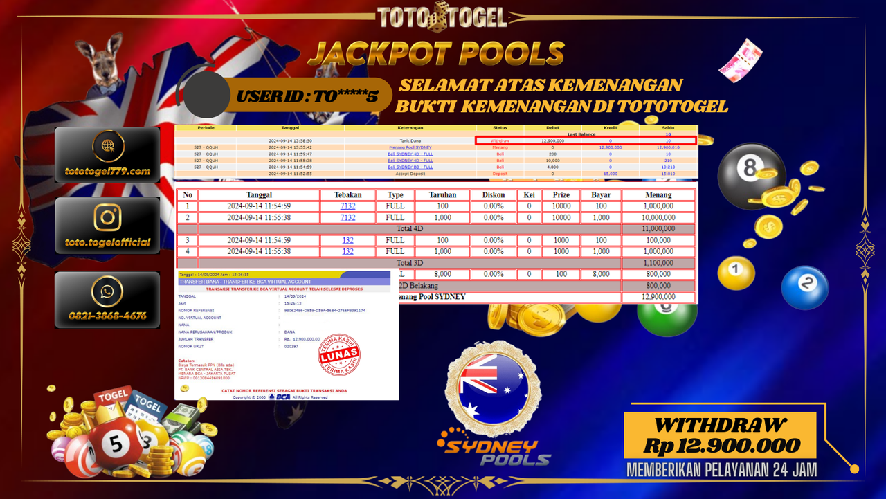 Bukti Kemenangan Permainan Togel Sydney Pools Dengan ID : TO****5  Terbayar Lunas!!