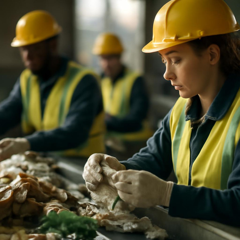 Команда рабочих сортирует отходы после разборки