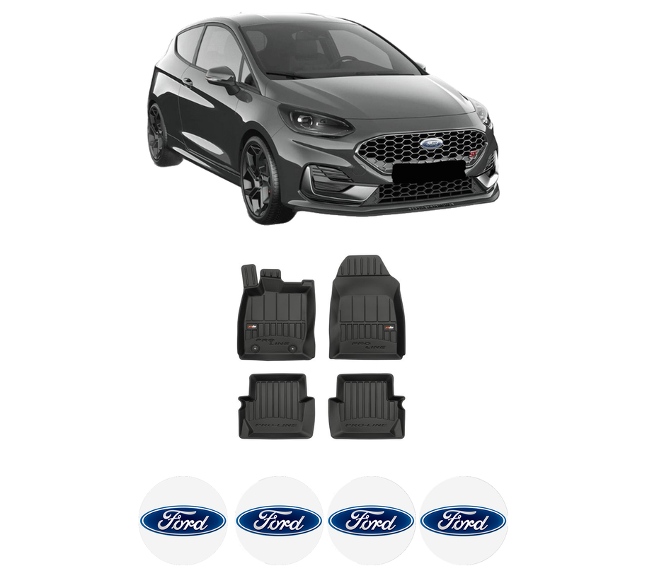 Set covorase presuri FORD FIESTA VII (HJ, HF) din 2017-2022, auto, din cauciuc thermoplastic, 4 Stickere auto cu FORD