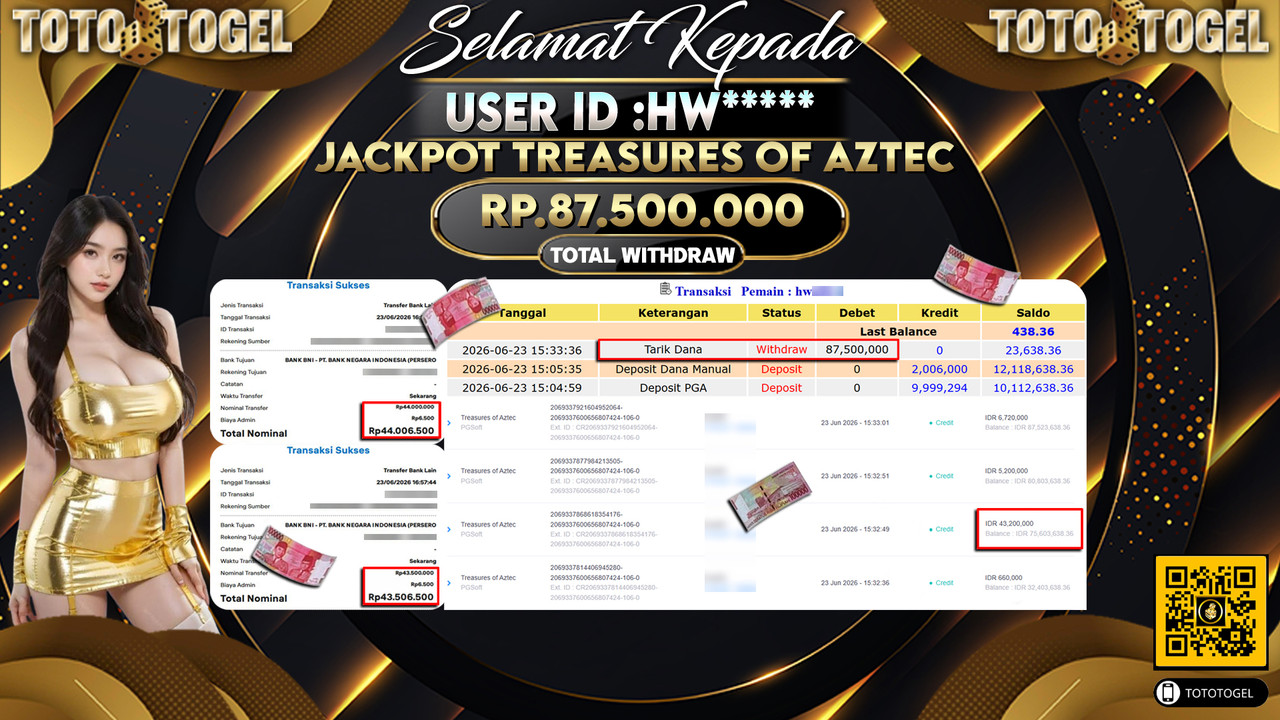 Bukti Pembayaran Jackpot Permainan Slot Treasures Of Aztec ID:HW*****LUNAS