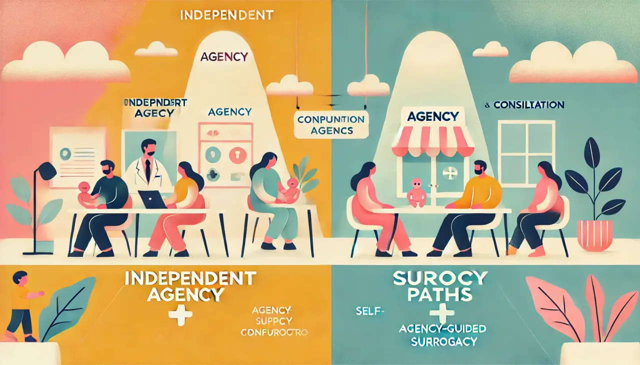 Illustration comparing independent vs. agency-guided surrogacy, showing the structured agency support alongside the personalized, self-guided approach.