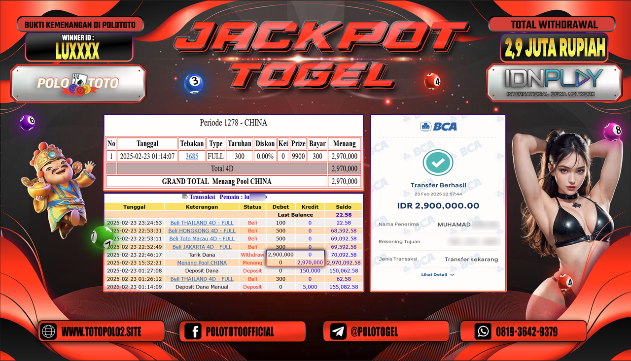 POLOTOTO JACKPOT TOGEL POOL CHINA Rp.2.900.000,- LUNAS