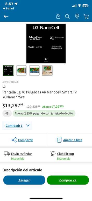 Sam's Club: LG Pantalla Lg 70 Pulgadas 4K Nanocell Smart Tv 70Nano77Sra 
