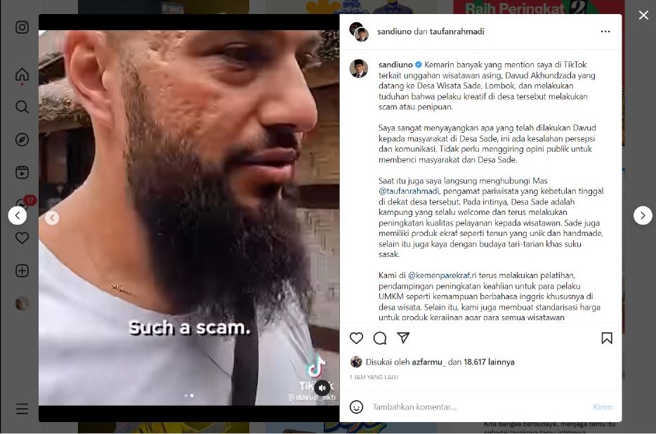 Davud Akhundzada, turis asing yang baru-baru ini viral gara-gara menyebut terkena scam saat liburan di Desa Sade, Lombok, NTB.