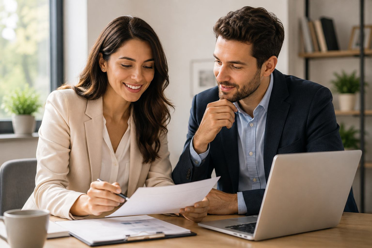 Two people reviewing debt relief options together