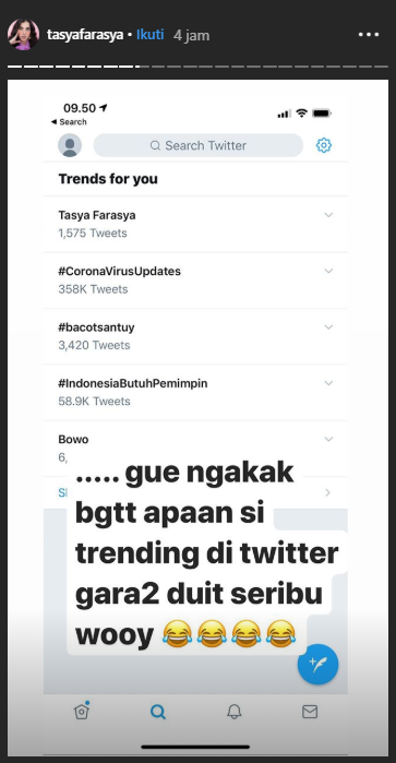 Instastory Tasya yang menunjukkan namanya jadi trending di twitter