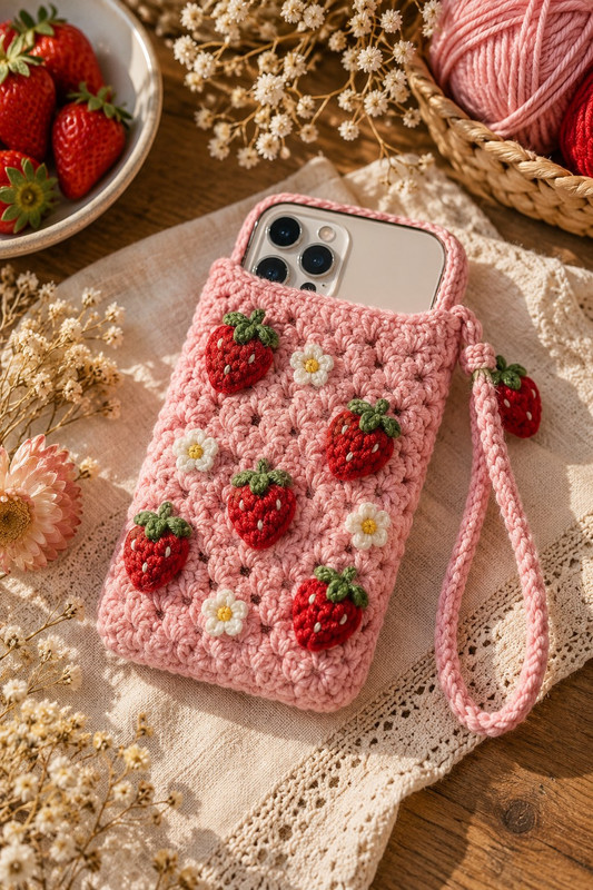 Strawberry Milk handmade crochet phone pouch for iPhone 18 Pro