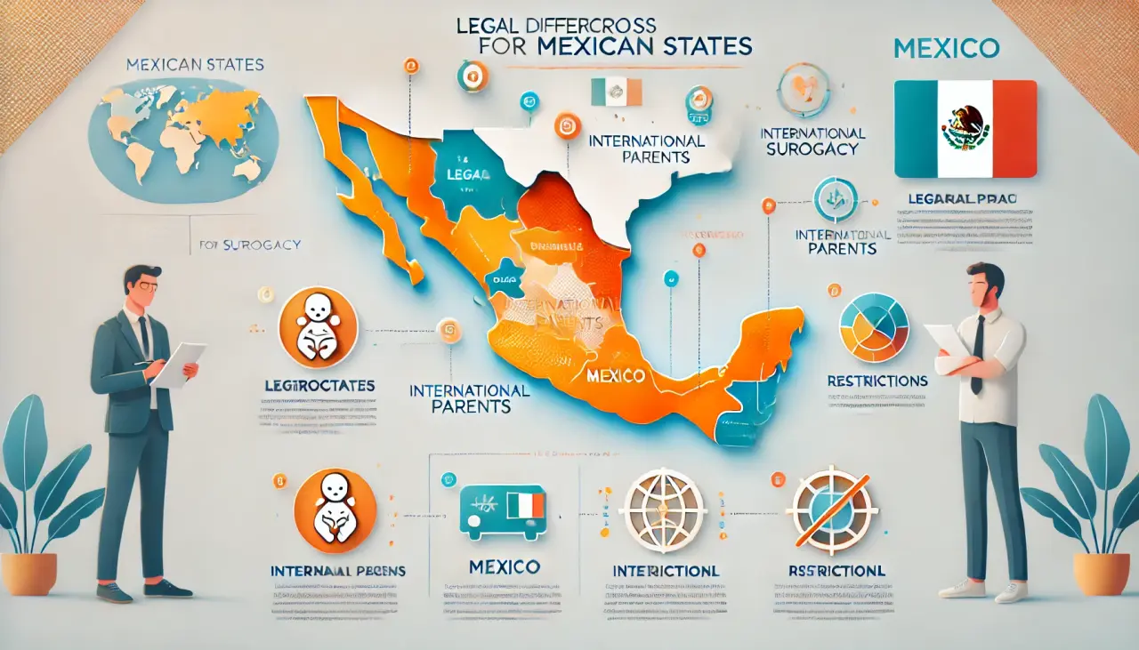Infographic of surrogacy laws across Mexican states, highlighting restrictions for international parents.