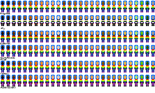 a row of people with pride flag shirts and dark blue hair