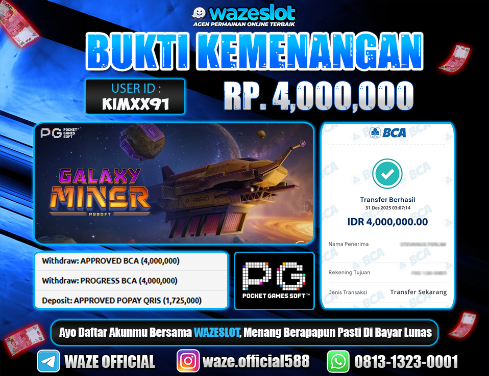 BUKTI KEMENANGAN 31 DESEMBER 2025 GAME GALAXY MINER (PG SOFT)