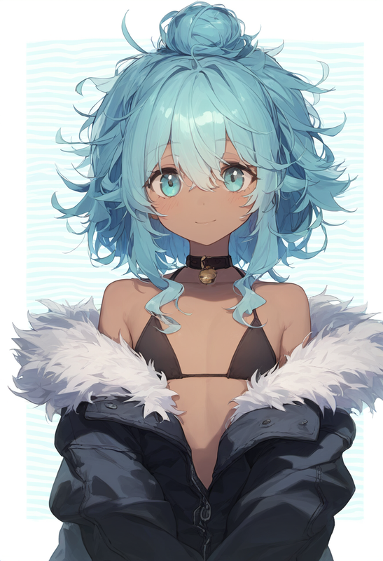 1girl, striped background, straight-on, dark skin, aqua eyes, tareme, big hair,  s-2063524794