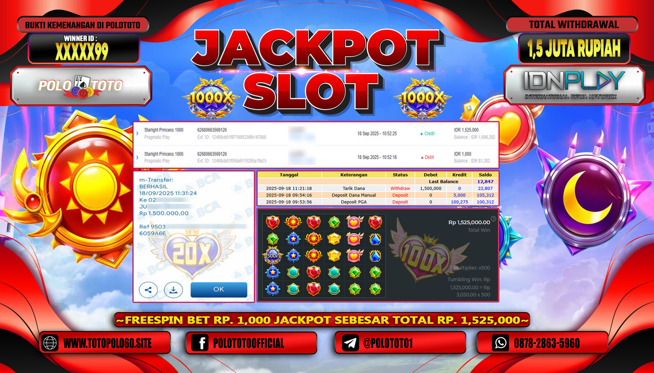 POLOTOTO JACKPOT SLOT STARLIGHT PRINCESS 1000 Rp.1.500.000,- LUNAS