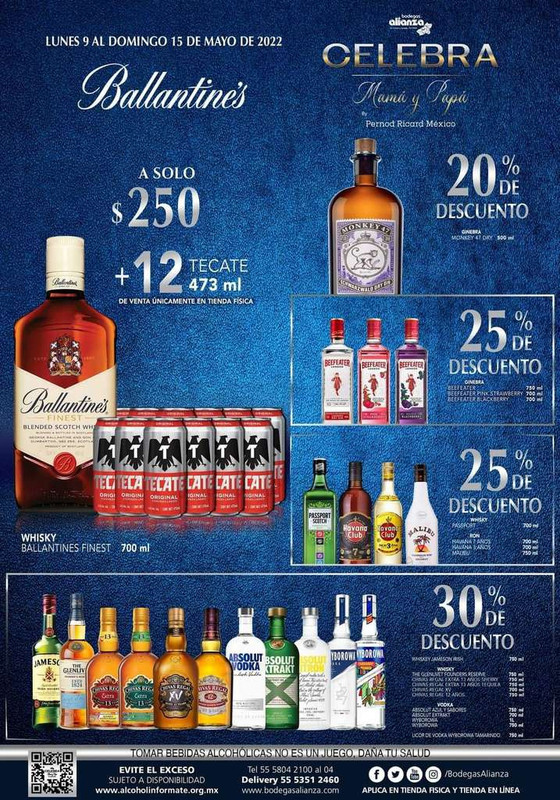 Bodegas Alianza: Whisky Ballantines 700 ml y 12 Tecate (473ml) 